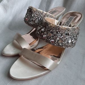 Badgley Mischka Champaigne Satin and Crystal Kitten Heeled Sandals (10)